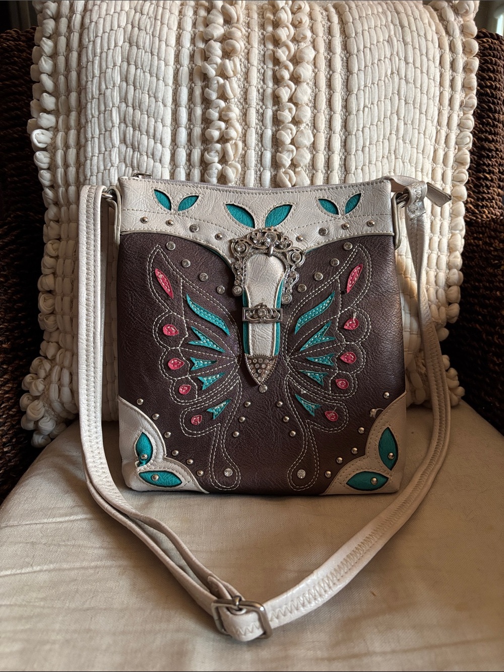 Brown and Cream Crossbody Bag with Teal & Pink Butterfly Accent